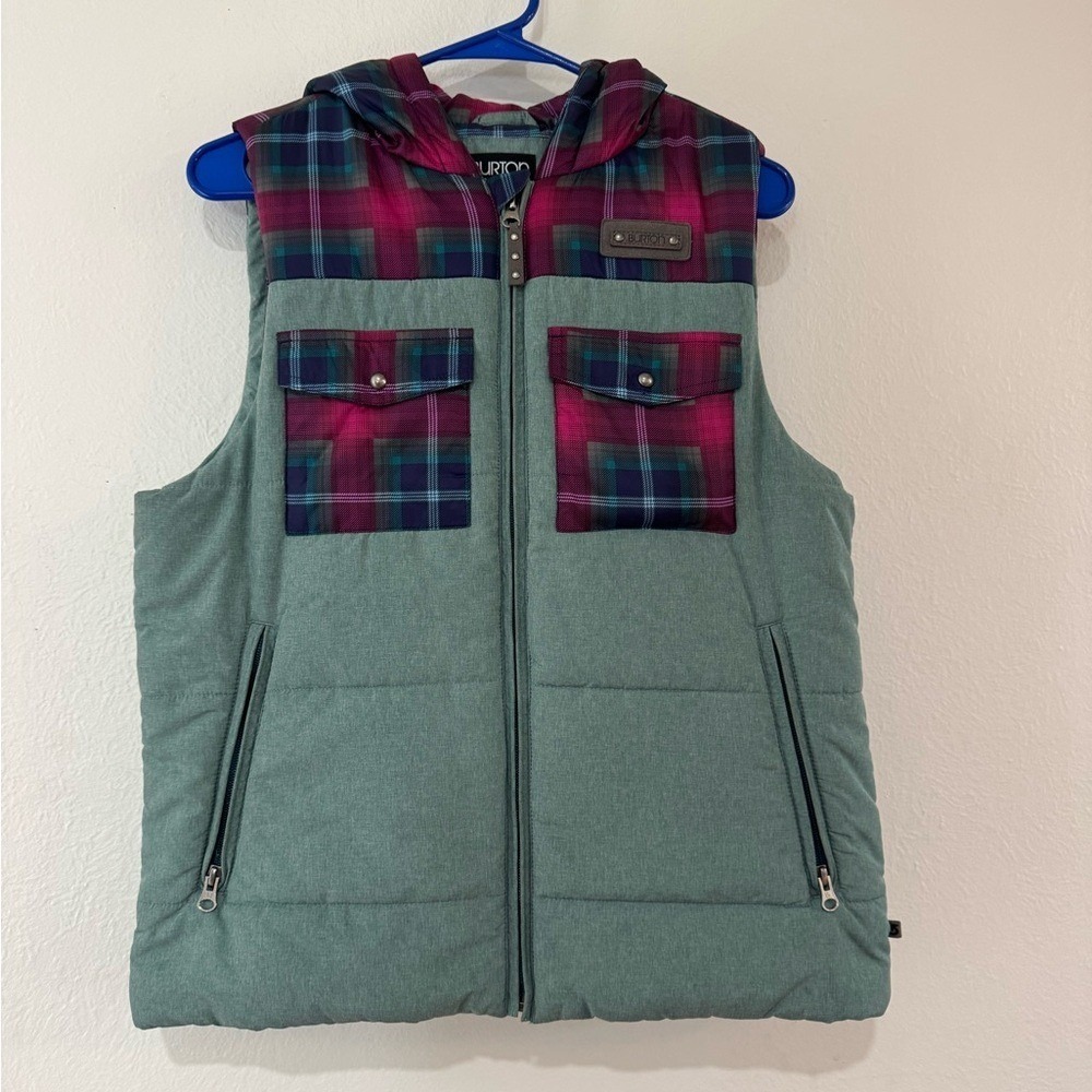 Burton DryRide Hooded Puffer Vest Green Magenta Plaid‎ Size: Large Zip Up (1352)